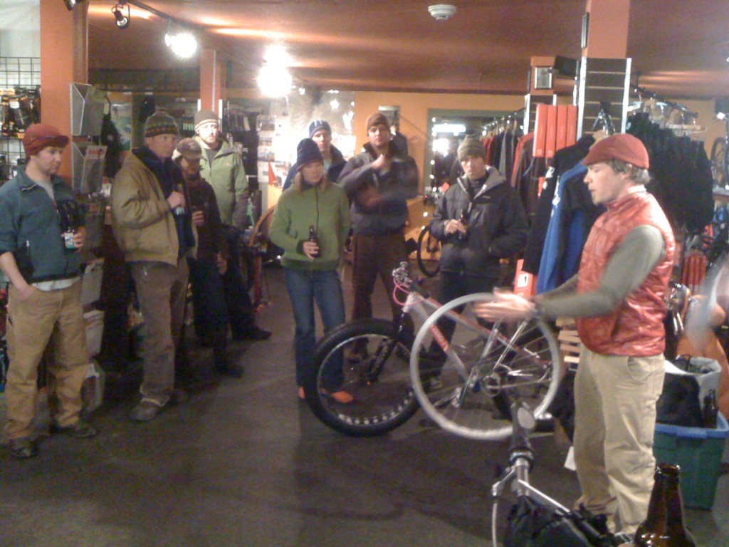 Jay P shows off the original fat rim with the ultra modern 907 snow bike in the background
