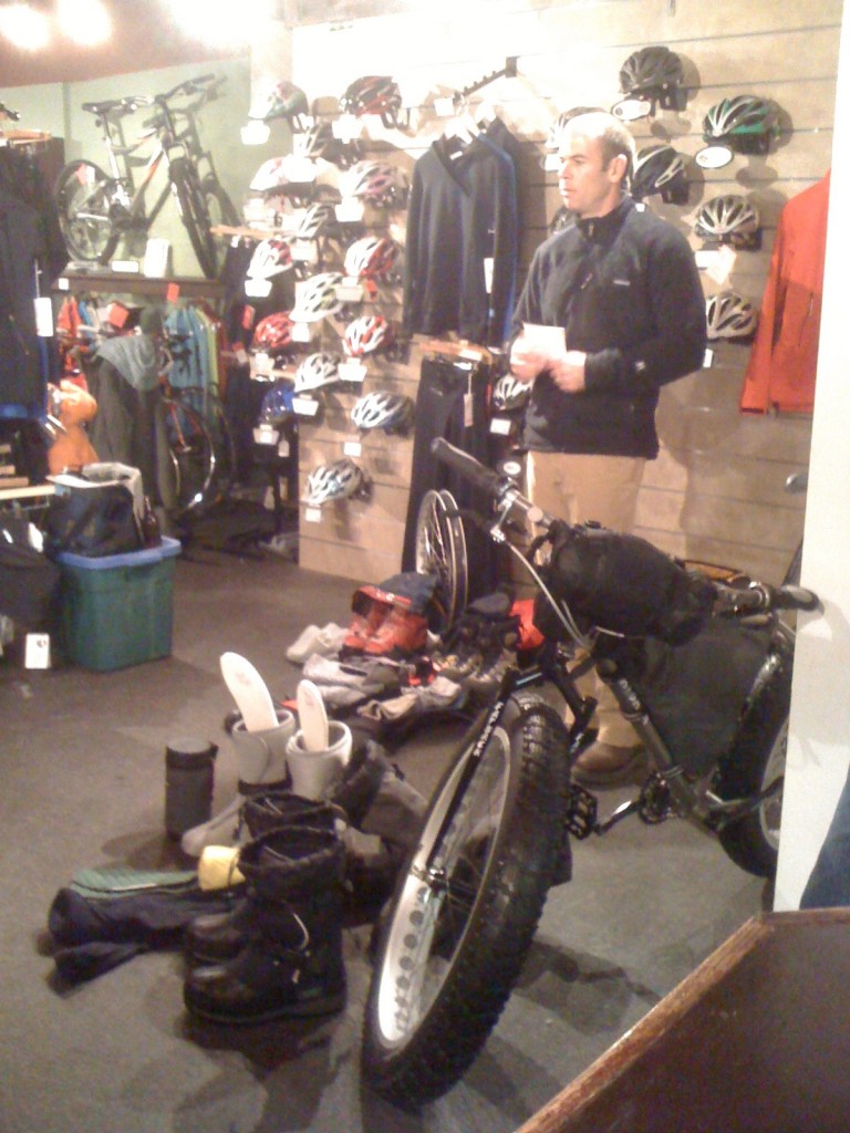 Dave Byers is serious about staying warm.  He's also serious about his titanium snow bike!