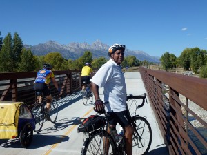 Senator Ellis enjoys the view from the Gros Ventre River pathway bridge.